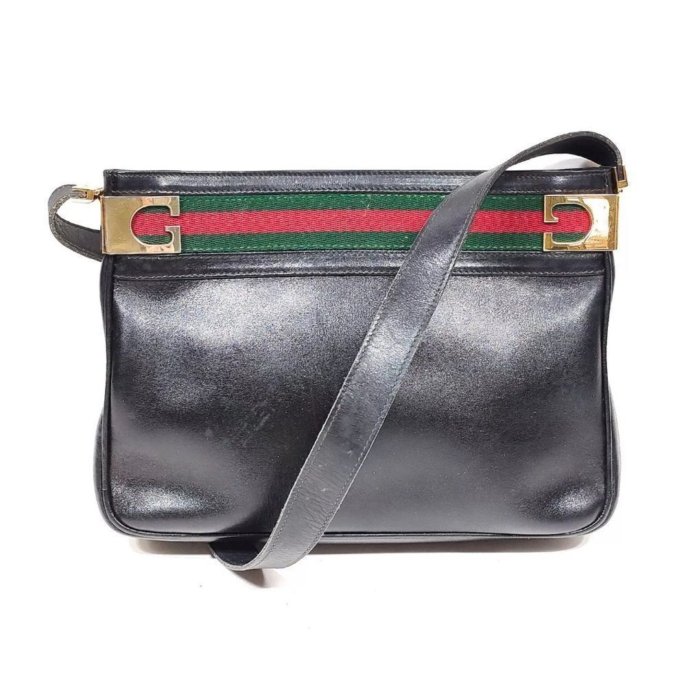 Auth Old Vintage Gucci Black Polished Leather Sherry Line Web Shoulder Bag